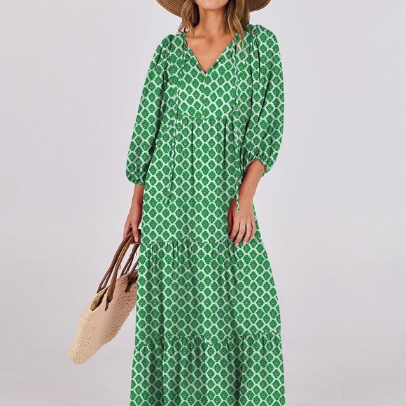 Womens Boho Maxi Dresses 2025 Summer V Neck Puff Sleeve Floral Flowy Swing Casua - Picture 7 of 8